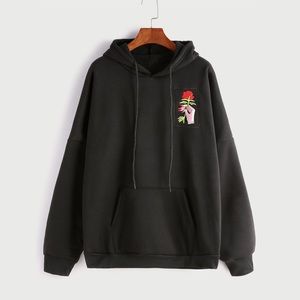 Rose in Hand Embroidered Black Hooded Sweatshirt